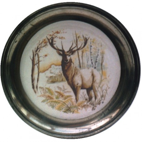 Pewter and faience plate with deer decor