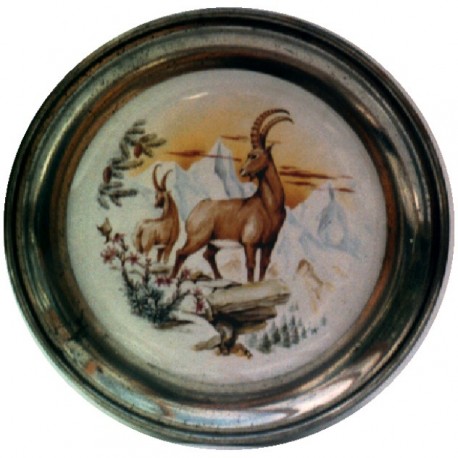 Pewter and faience plate with ibex decor