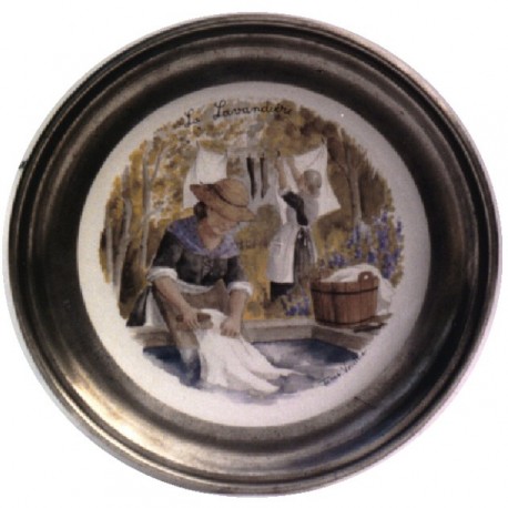 Pewter and faience plate with washerwoman decor
