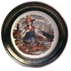 Pewter and faience plate with fish merchant decor