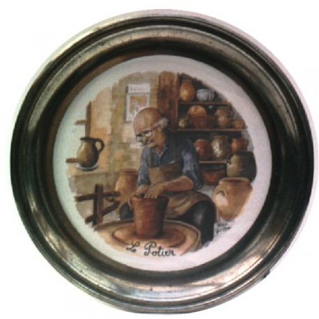 Pewter and faience plate with potter decor