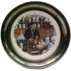 Pewter and faience plate with apothecary decor