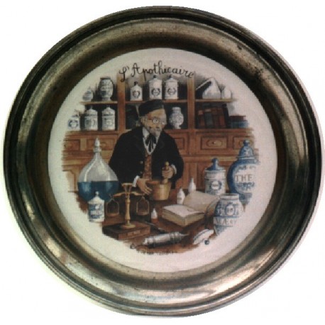 Pewter and faience plate with apothecary decor