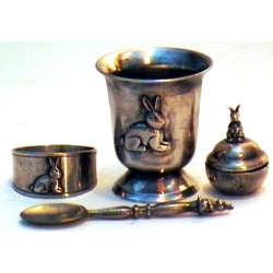 Set of pewter christening products with rabbit decor